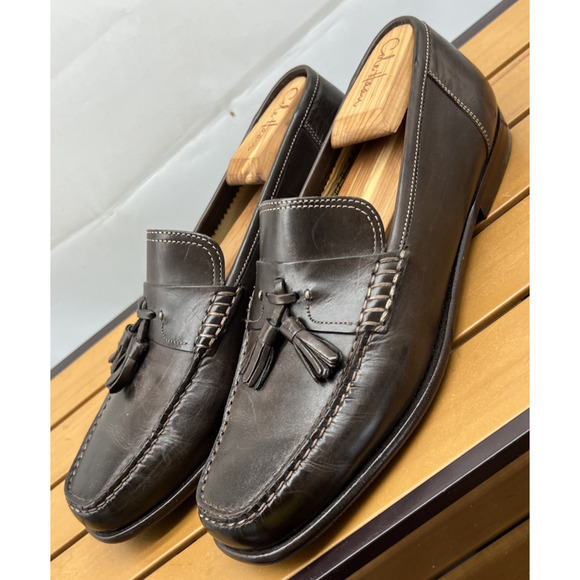 NEW! SANTONI Brown Leather Handsewn Moc Toe Tassel Loafers US 8.5 Made in Italy - Picture 3 of 13